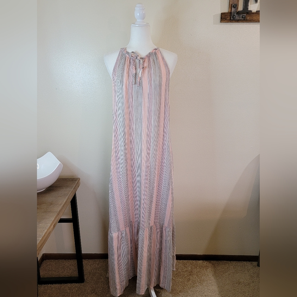 Nine West Linen Blend Tiered Peasant Striped Maxi Dress Size L - Picture 2 of 6